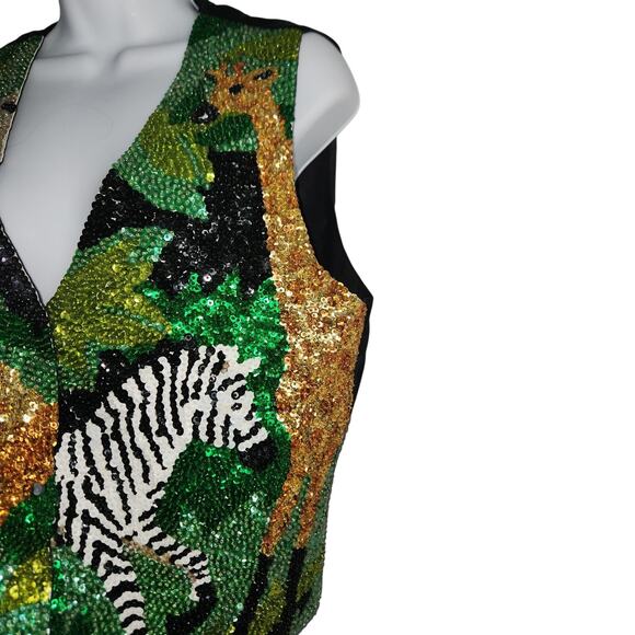 Vintage 80s 90s Sequin Animals Vest With Adjustable Tie In Back Sz M Unisex - Picture 2 of 5